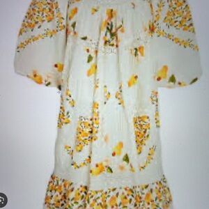 White and Yellow Mini Dress with Floral Puff Sleeves